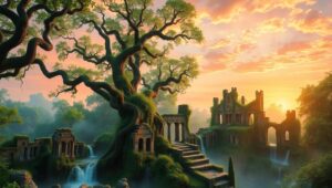 Ancient Ruins in a Lush Landscape – free AI stock image