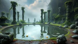 Ancient Ruins in a Misty Valley – free AI stock image
