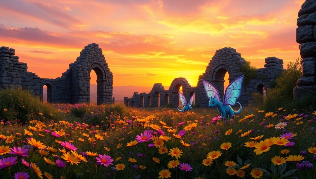 Ancient Ruins in Blooming Nature – free AI stock image