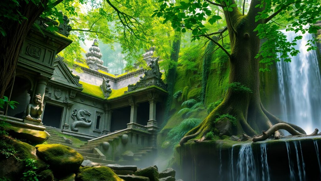 Ancient Temple Among Lush Ruins – free AI stock image