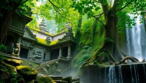 Ancient Temple Among Lush Ruins – free AI stock image