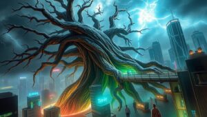 Ancient Tree Meets Future City – free AI stock image
