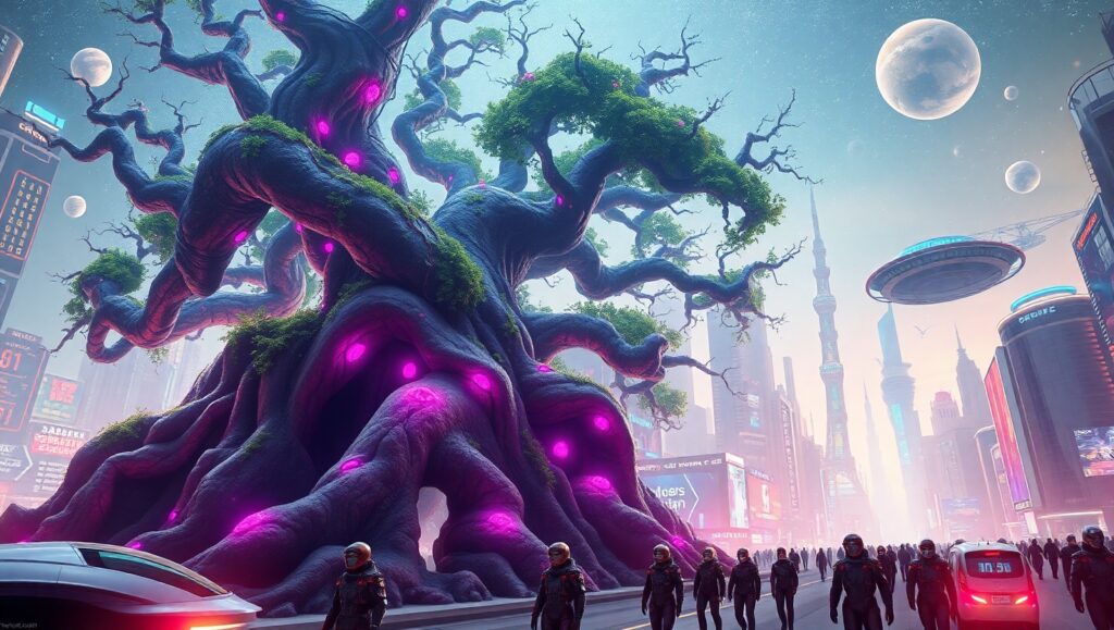 Ancient Tree Meets Futuristic City 7Tv – free AI stock image