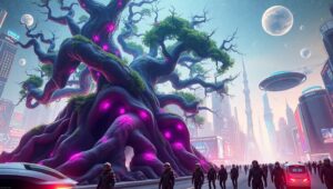 Ancient Tree Meets Futuristic City 7Tv – free AI stock image