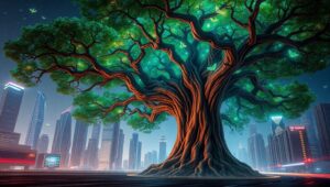 Ancient Tree Meets Futuristic City r0w – free AI stock image