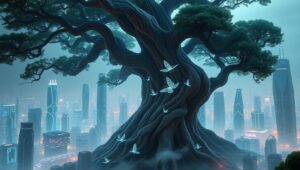 Ancient Tree Meets Futuristic City U1B – free AI stock image