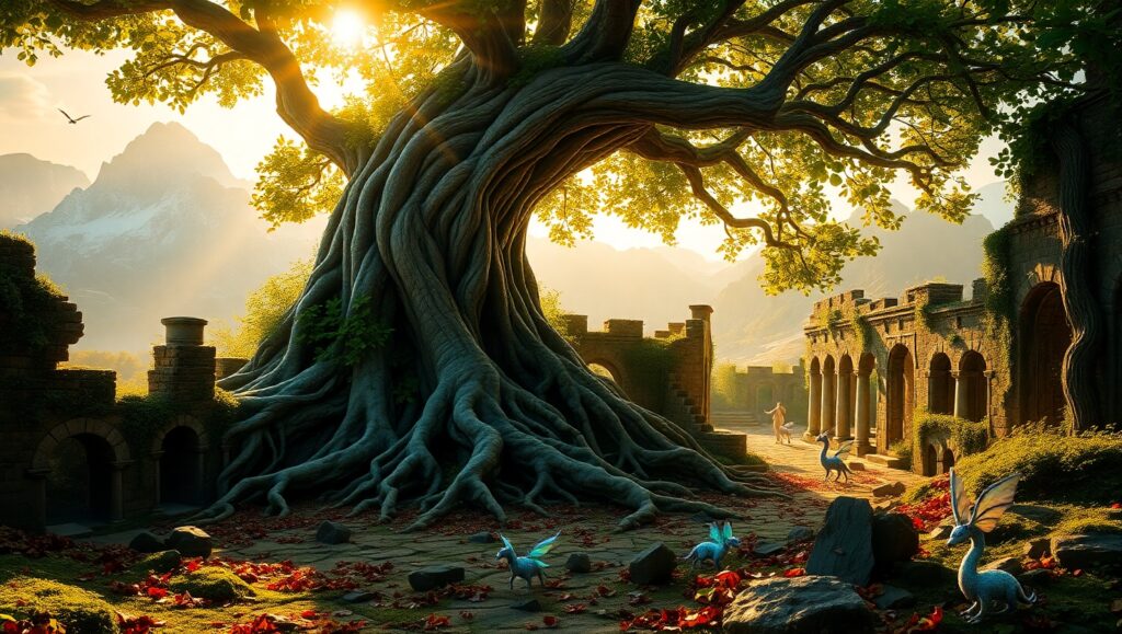 Ancient Tree Overlooking Forgotten City – free AI stock image