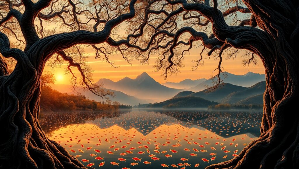 Ancient Trees by a Bronze Lake – free AI stock image
