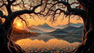 Ancient Trees by a Bronze Lake – free AI stock image