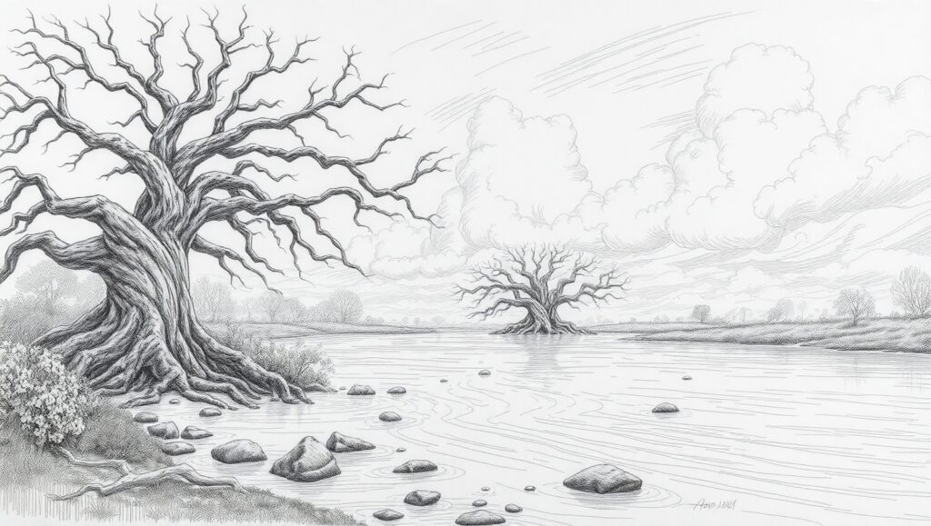 Ancient Trees by the Winding River – free AI stock image
