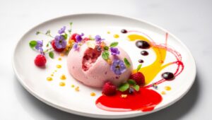 Artful Raspberry Mousse Presentation – free AI stock image