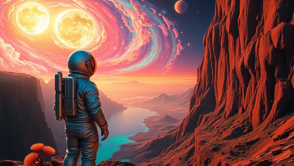 Astronaut at Alien Cliffside Sunset – free AI stock image