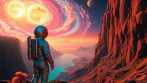 Astronaut at Alien Cliffside Sunset – free AI stock image