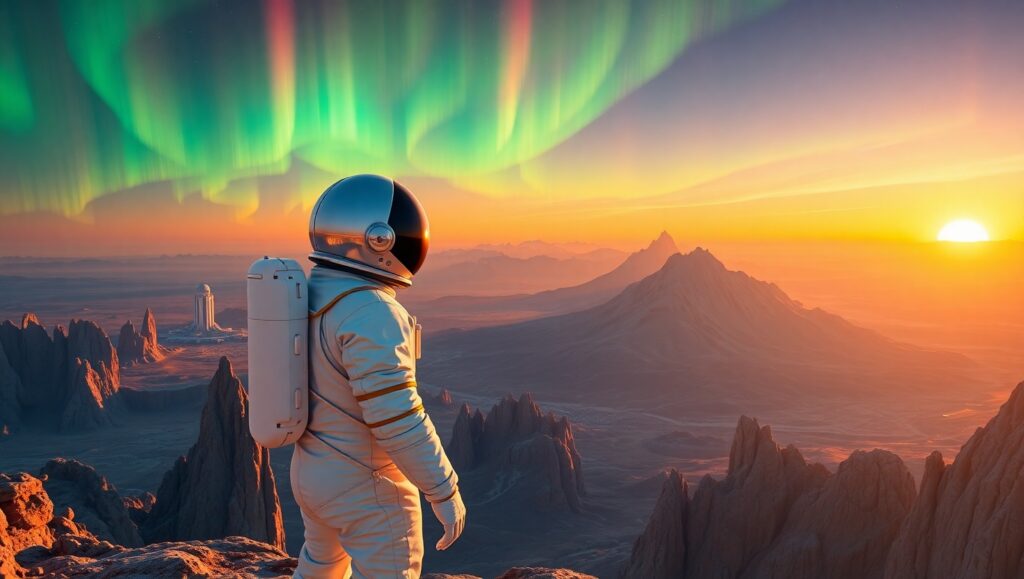 Astronaut on Alien Horizon – free AI stock image