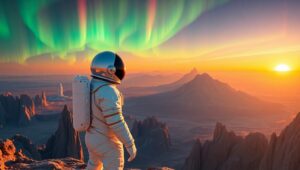 Astronaut on Alien Horizon – free AI stock image