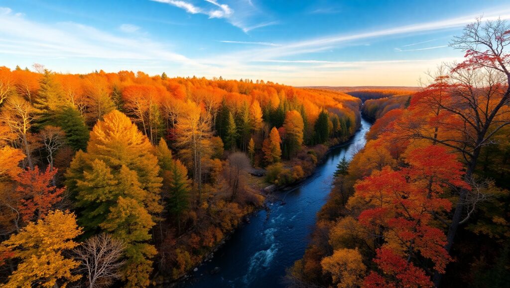Autumn Forest with Winding River – free AI stock image