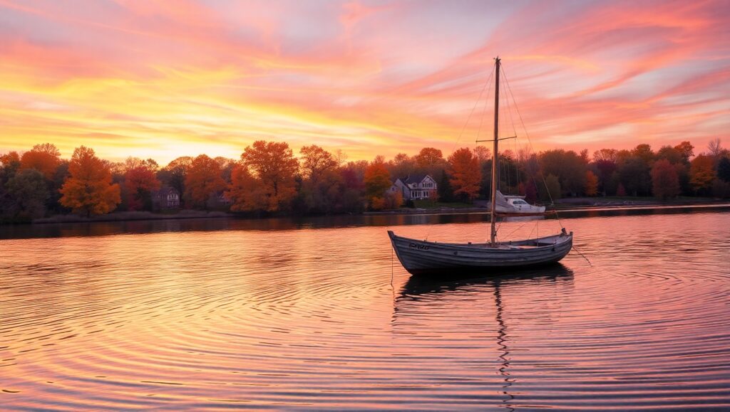 Autumn Reflections at Sunset – free AI stock image