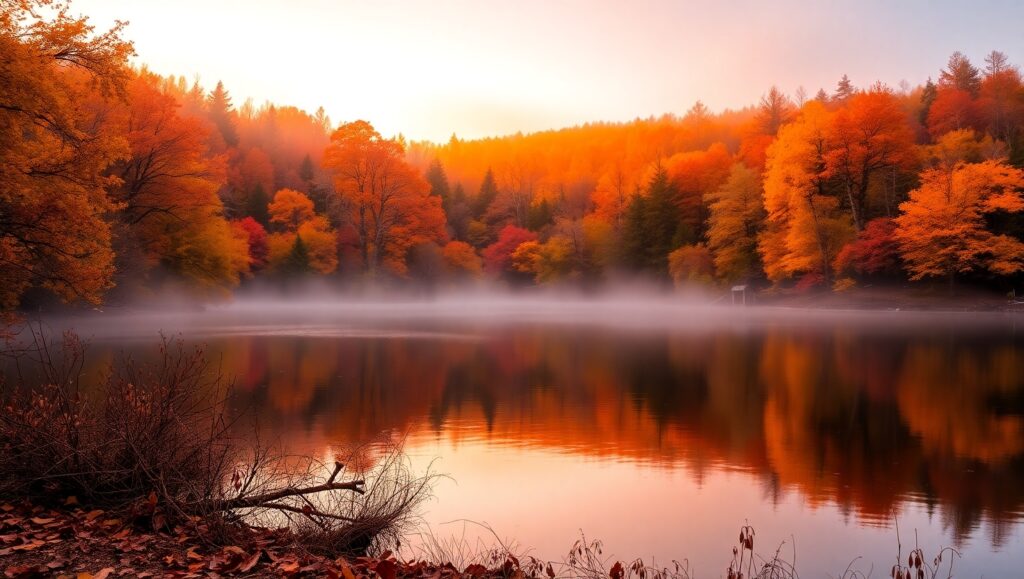 Autumn Reflections in a Tranquil Lake – free AI stock image