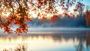 Autumn Reflections on Misty Lake – free AI stock image