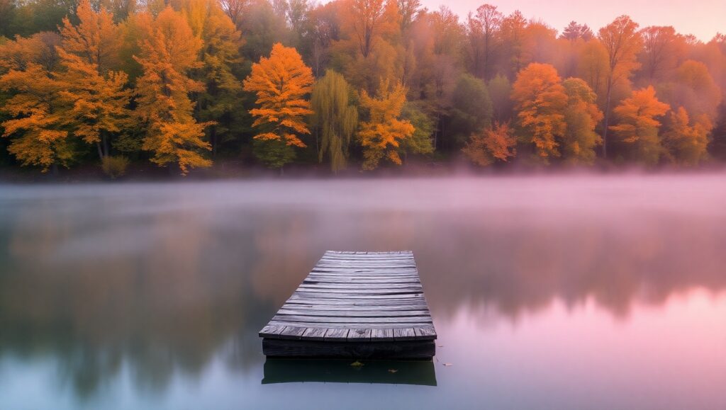 Autumn Serenity at Misty Lake – free AI stock image