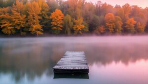 Autumn Serenity at Misty Lake – free AI stock image