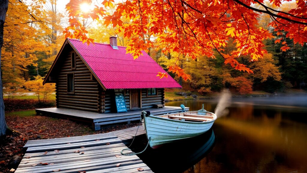 Autumn Serenity at the Lakeside Cabin – free AI stock image