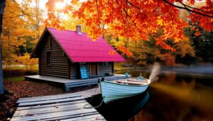 Autumn Serenity at the Lakeside Cabin – free AI stock image