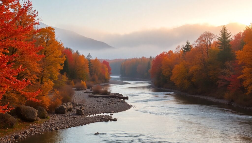 Autumn Serenity by the River – free AI stock image