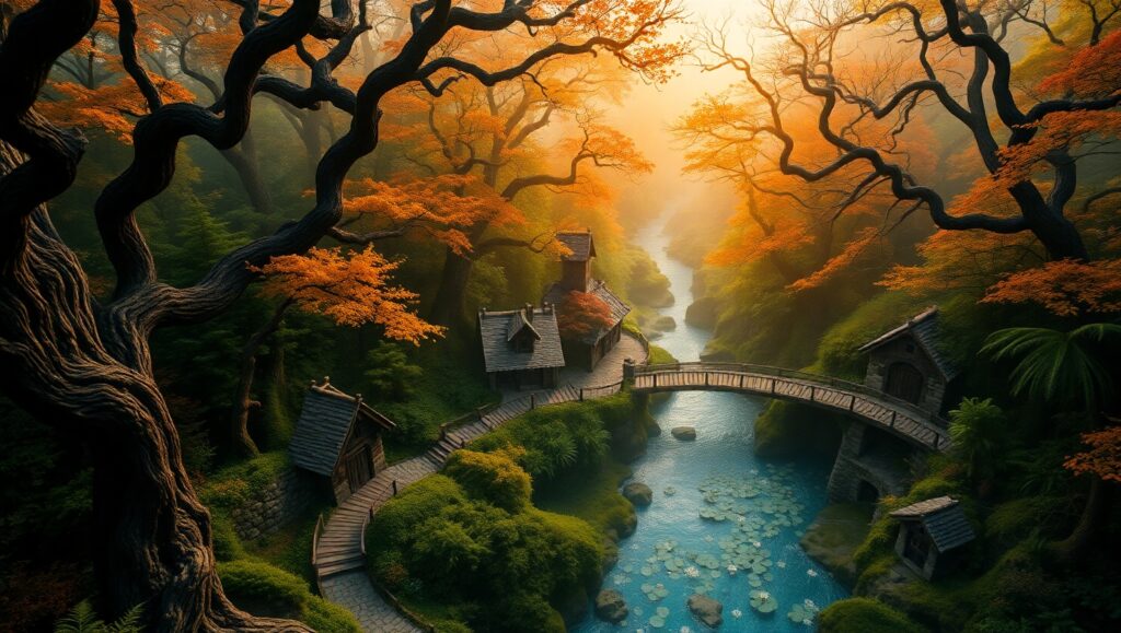 Autumn Serenity Over Hidden Village – free AI stock image