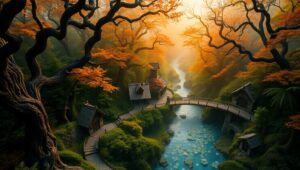 Autumn Serenity Over Hidden Village – free AI stock image