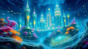 Bioluminescent City Beneath the Waves – free AI stock image
