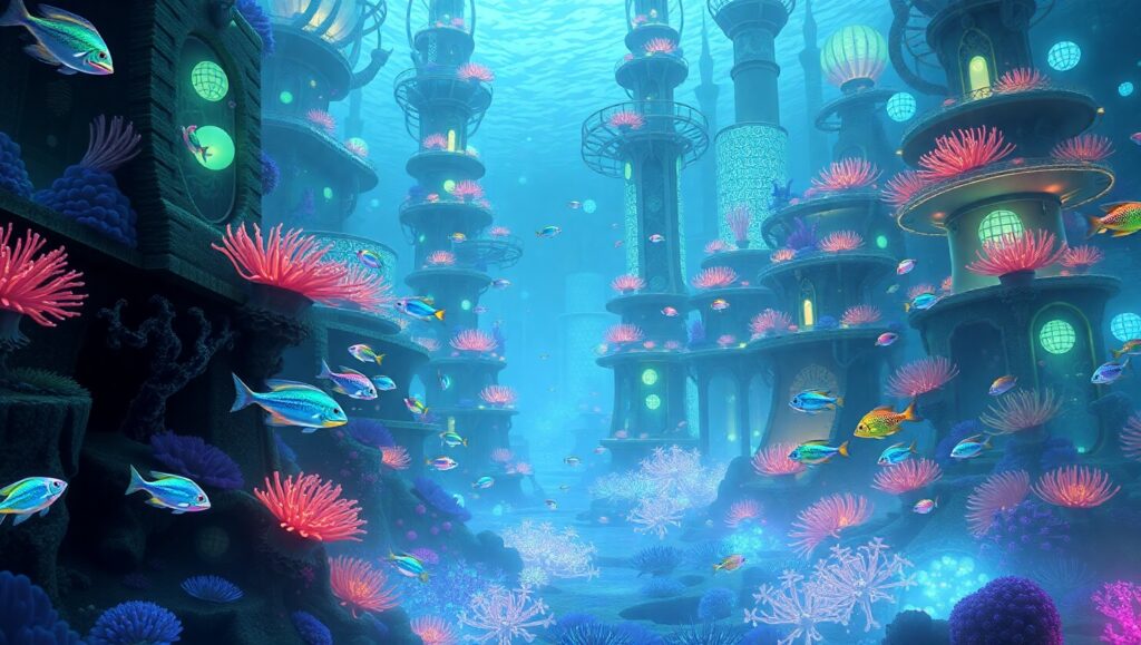 Bioluminescent City Beneath the Waves 8Uz – free AI stock image