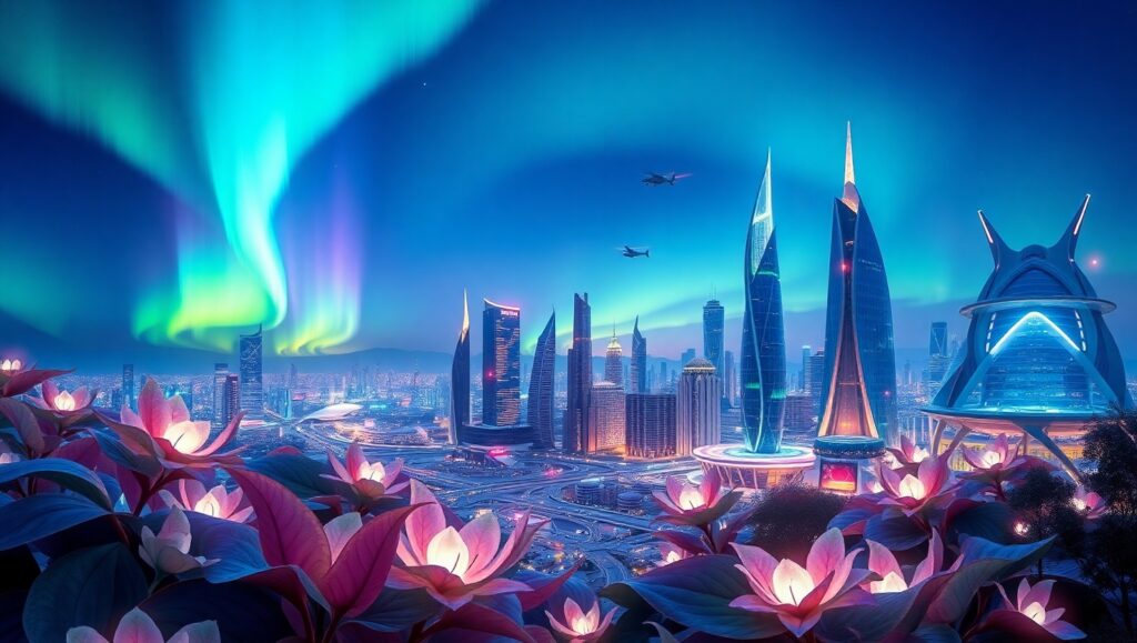 Bioluminescent City Under Aurora Skies – free AI stock image