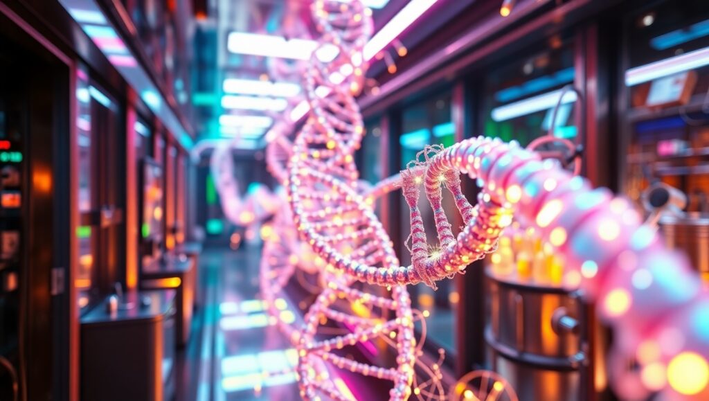 Bioluminescent DNA in Futuristic Landscape – free AI stock image