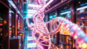 Bioluminescent DNA in Futuristic Landscape – free AI stock image