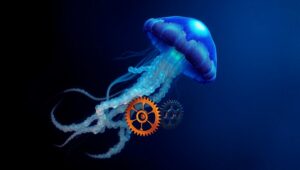 Bioluminescent Jellyfish and Gears – free AI stock image