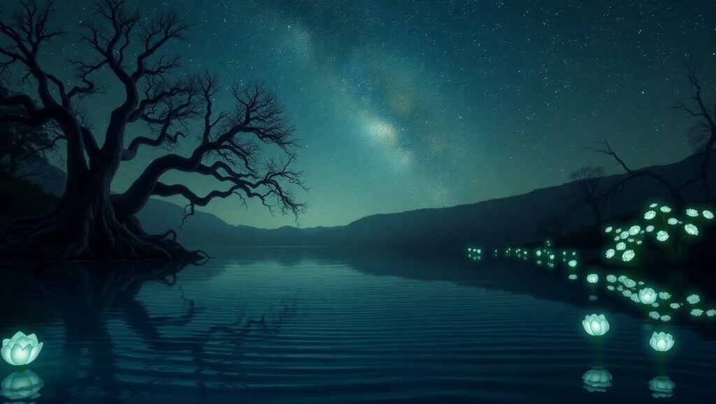 Bioluminescent Lake Under Starlit Sky – free AI stock image