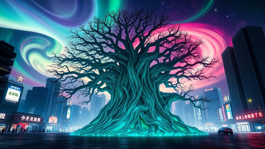 Bioluminescent Tree in Futuristic City – free AI stock image