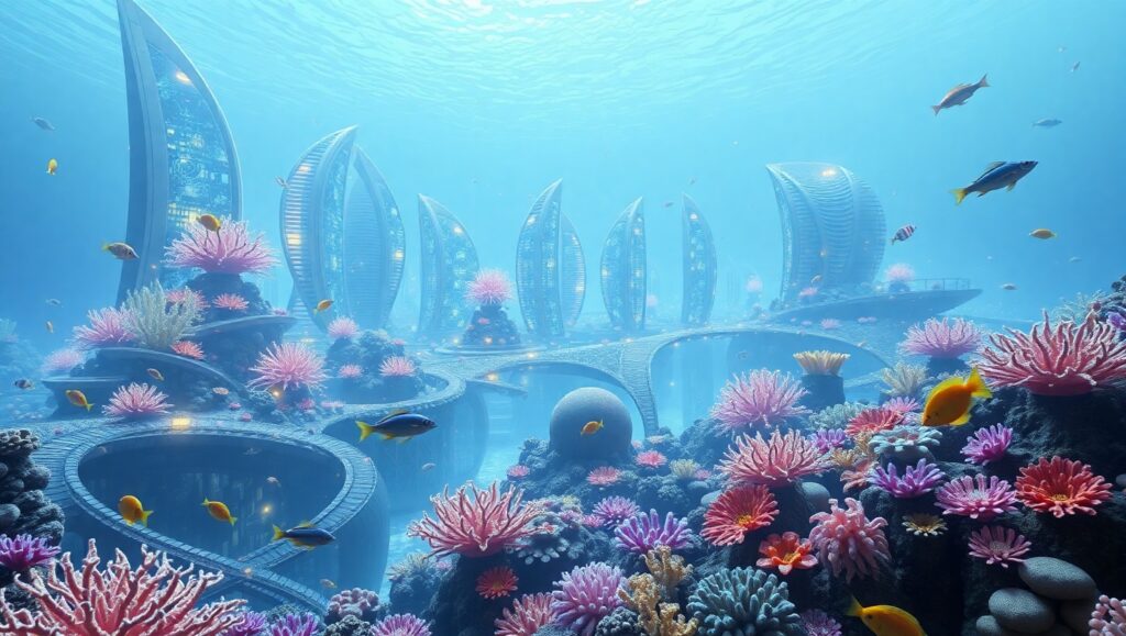 Bioluminescent Underwater Cityscape JuR – free AI stock image