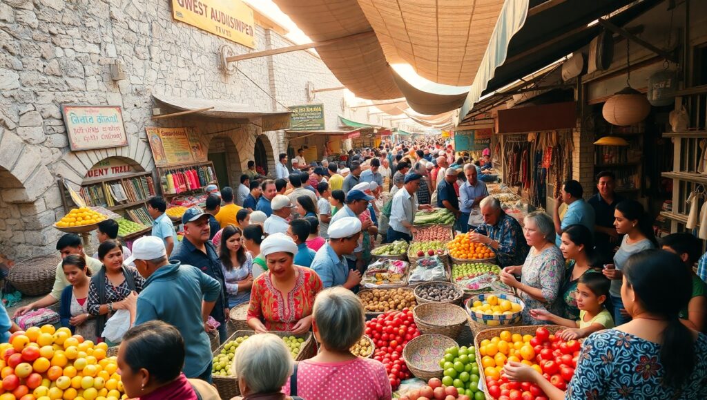 Bird’s Eye View of a Bustling Market – free AI stock image