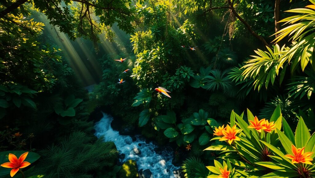 Birds Over a Lush Rainforest Canopy – free AI stock image