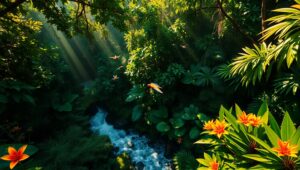 Birds Over a Lush Rainforest Canopy – free AI stock image