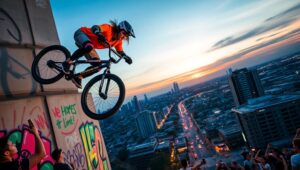 BMX Adventure Over Urban Landscape – free AI stock image