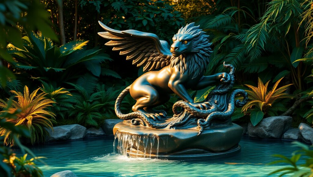 Bronze Guardian of the Waterfall – free AI stock image