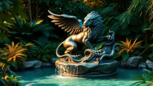 Bronze Guardian of the Waterfall – free AI stock image