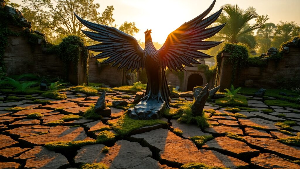 Bronze Phoenix Emerges from Ruins – free AI stock image