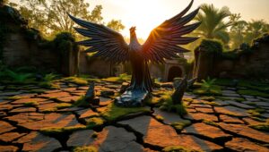 Bronze Phoenix Emerges from Ruins – free AI stock image
