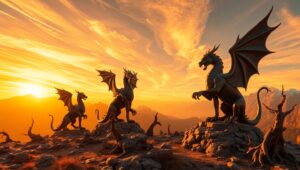 Bronze Statues Under Sunset Skies – free AI stock image