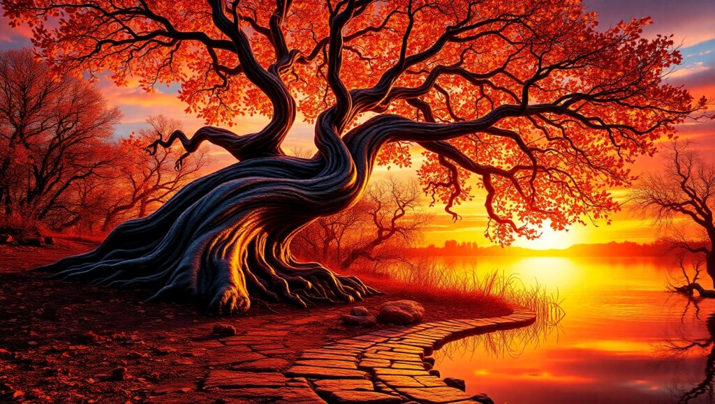 Bronze Tree at Sunset – free AI stock image