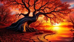 Bronze Tree at Sunset – free AI stock image